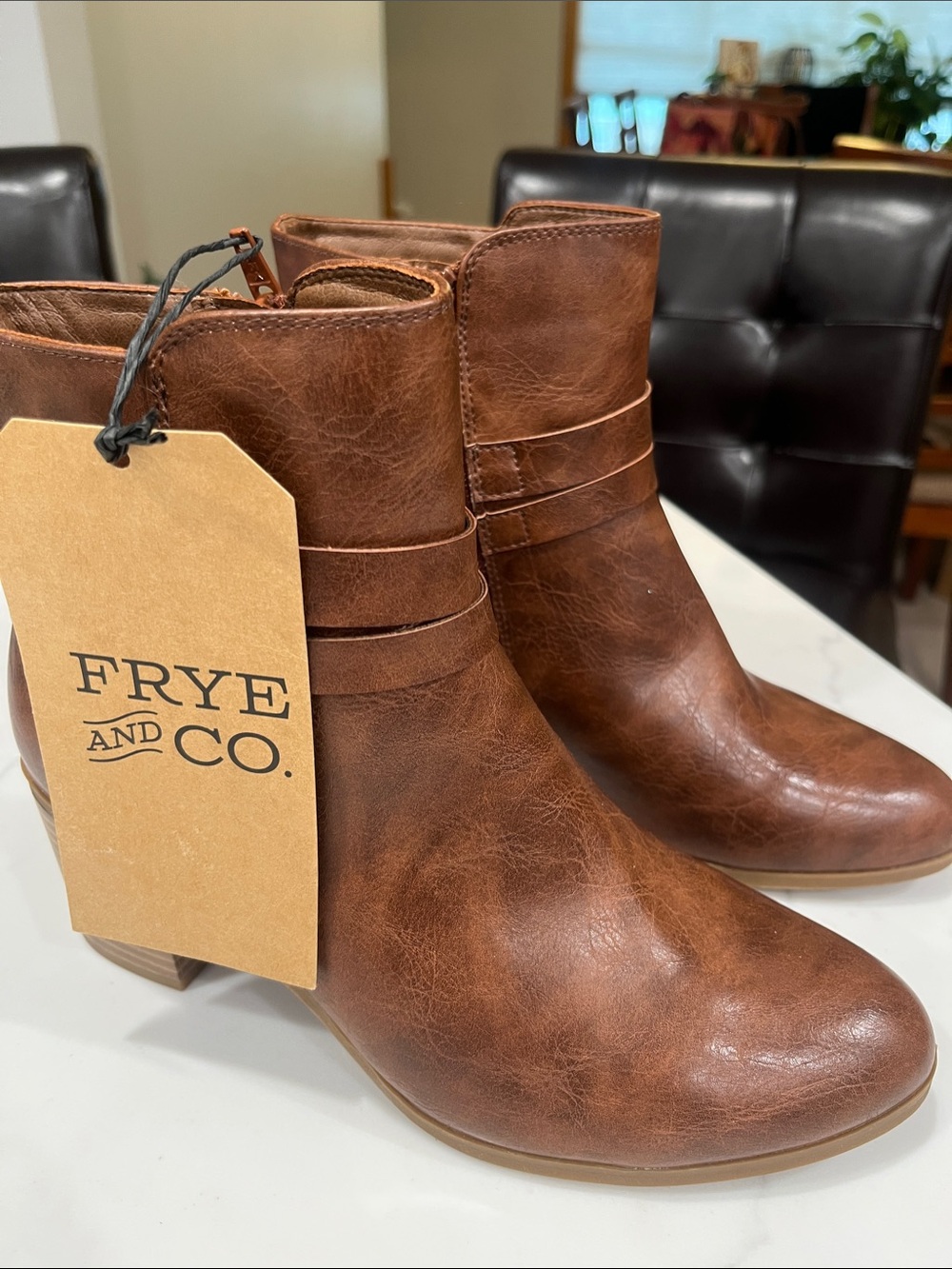 FRYE AND CO. Brown Faux Leather Ankle Booties with Strap Detail